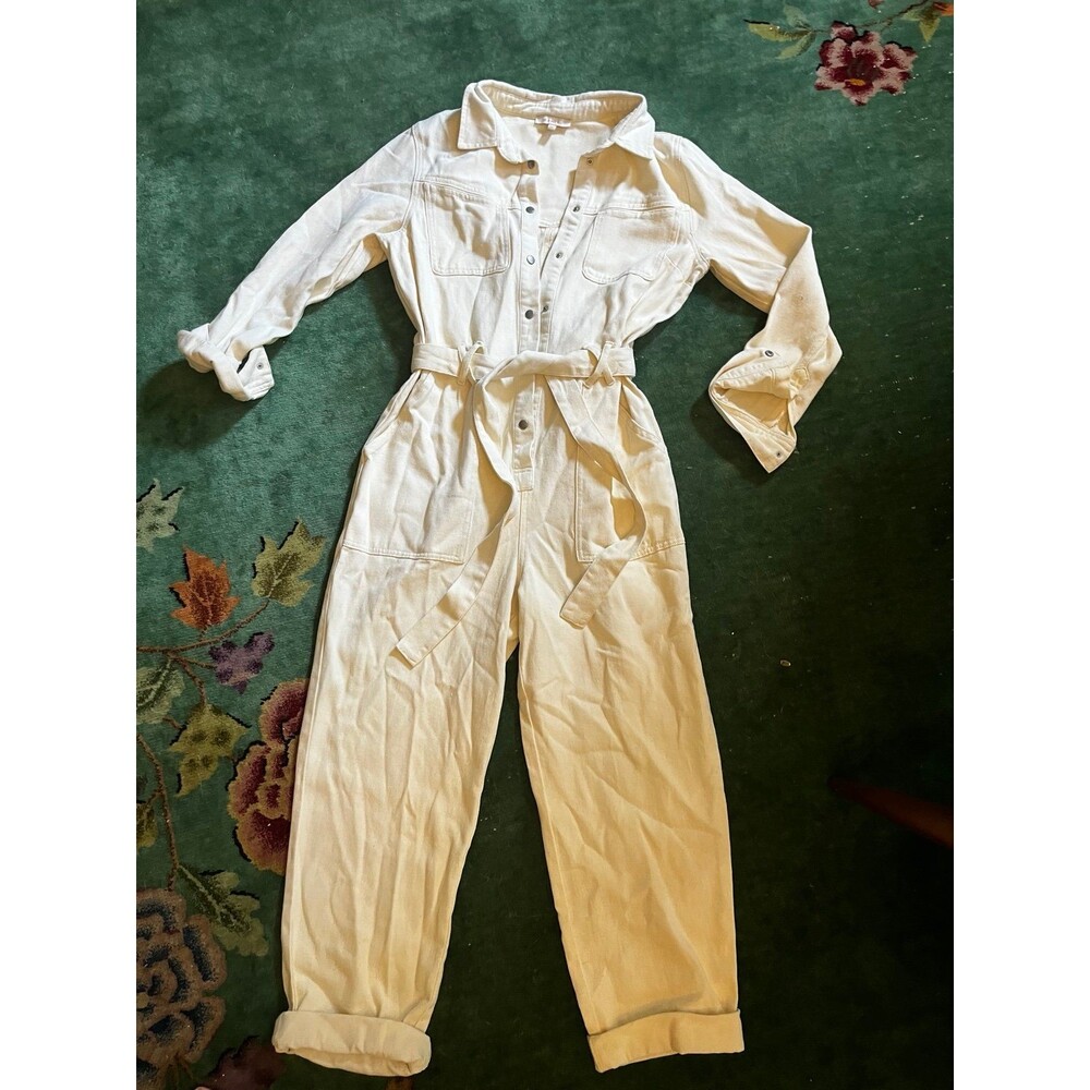 Skies are Blue Cream Denim Stretch Jumpsuit Coveralls women’s sz S (6) Belted
